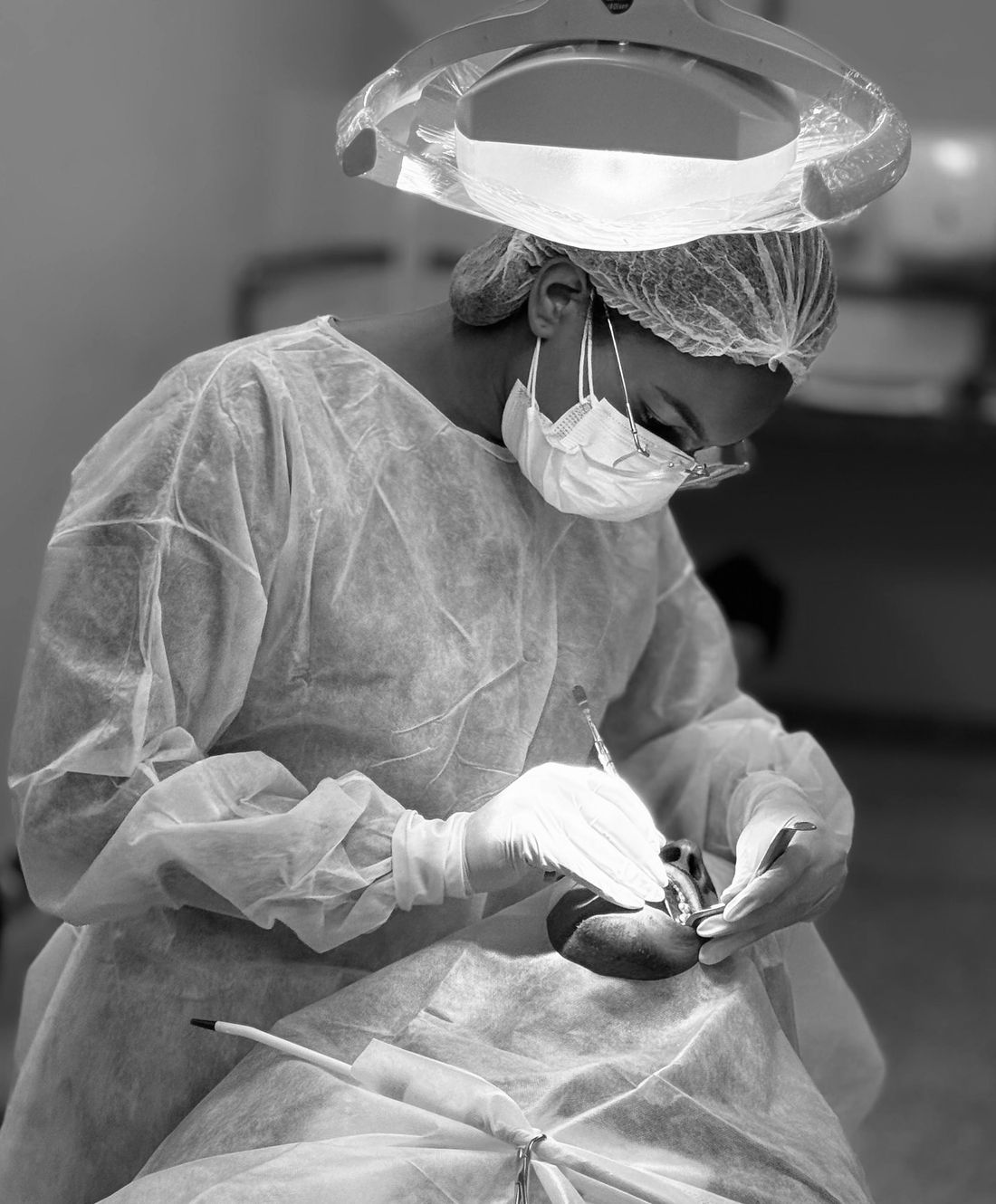 Dra. Fernanda Karoliny realizando um procedimento de cirurgia oral, em preto e branco